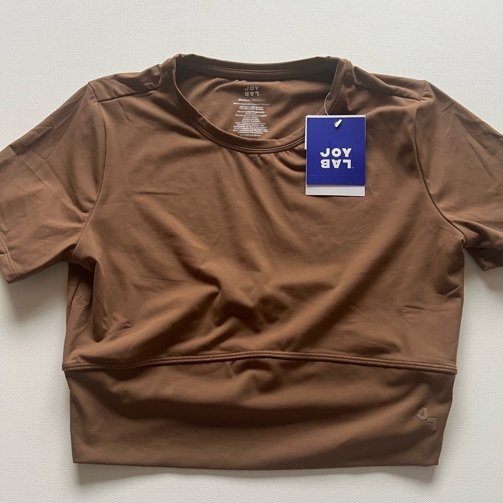 NWT Women's Joy Lab Short Sleeve‎ Cropped Active Top Mocha Size Extra Small (E5)